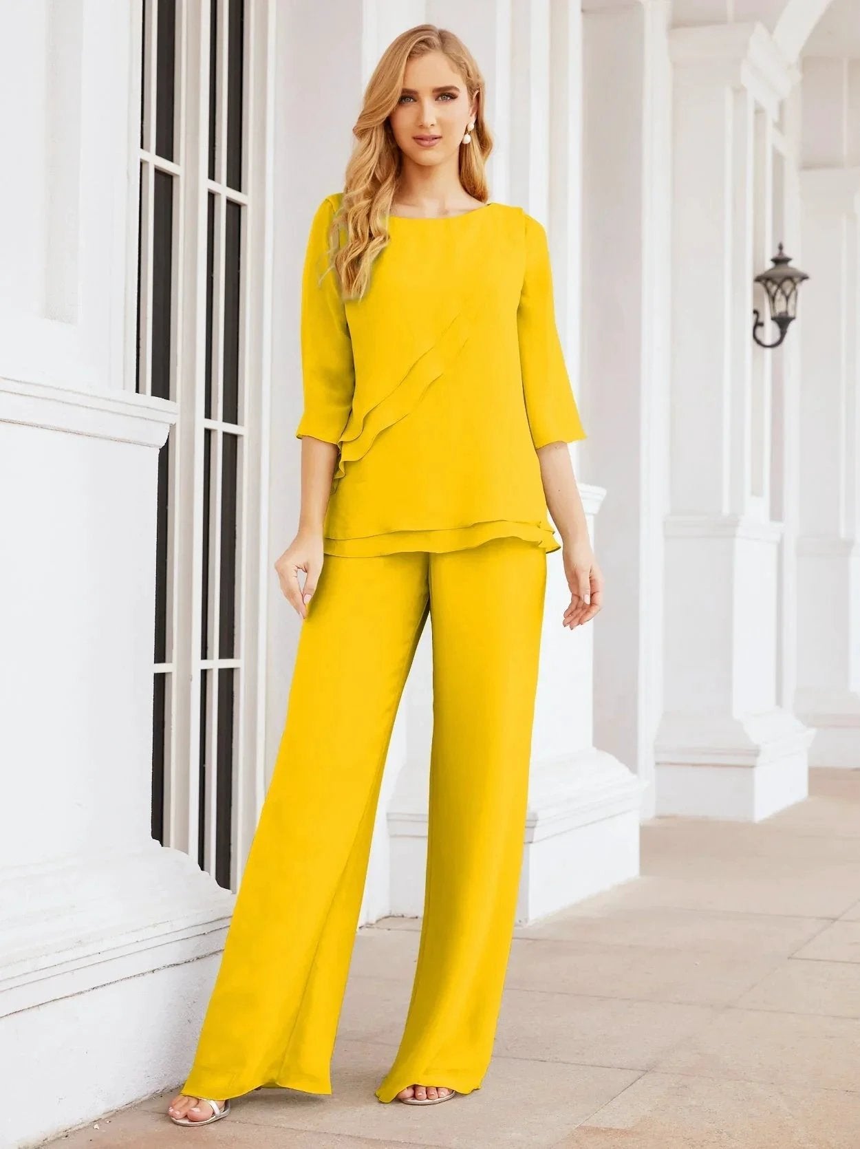 Sunnderly Elegant 2 Piece Mother of The Bride Dress Plus Size Pant Suits Ruffle Layers Sliver Housecoat SY28064 by numbersea