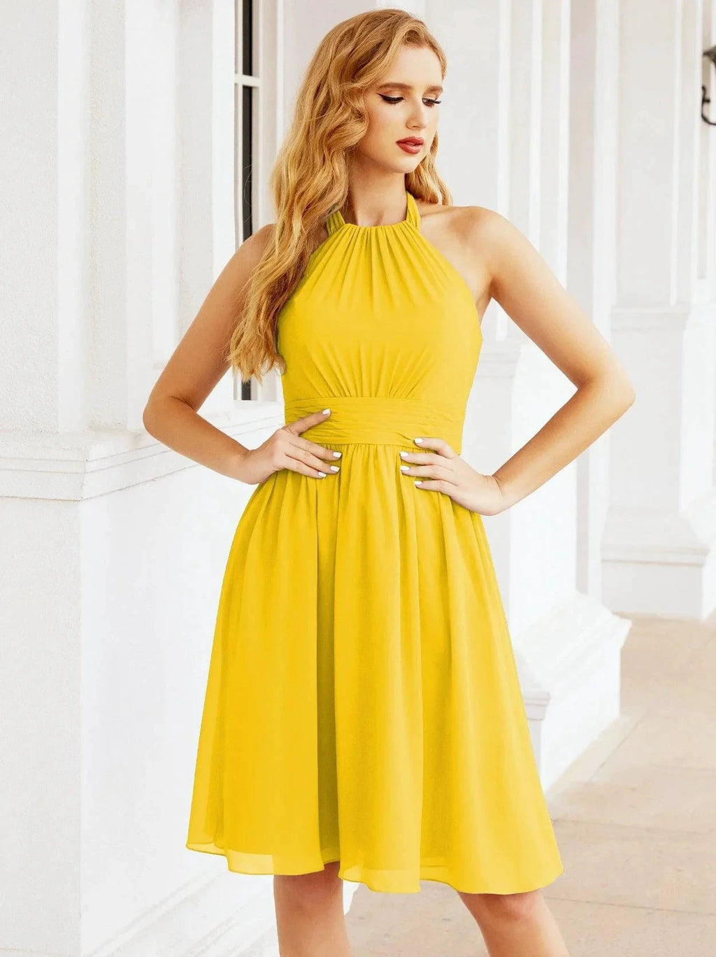 Numbersea Halter Chiffon Bridesmaid Dresses Short Sleeveless Formal Party Dress Open Back 28023 by numbersea