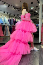 Sue | Hot Pink Off-Shoulder A-line Tulle Layers Applique Hi-Low Prom Dress by KissProm