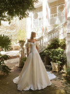 Romantic White Satin Off-the-Shoulder Puff Sleeve Ball Gown Wedding Dress SW192