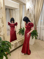 Elegant Red Puff Sleeves Satin Ball Gown Long Prom Evening Dress Y7603 by simplepromdress
