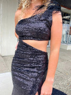 One Shoulder Sparkly Unique Black Mermaid Prom Dress by KissProm