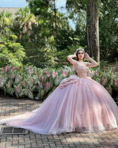 Glamoroso vestido rosa de quinceañera, vestido de fiesta rosa con mariposas, vestido princesa de tul rosa Y2336