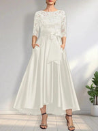 A-line Scoop Illusion Asymmetrical Satin Lace Mother of the Bride Dress With Bow by Dreamylily