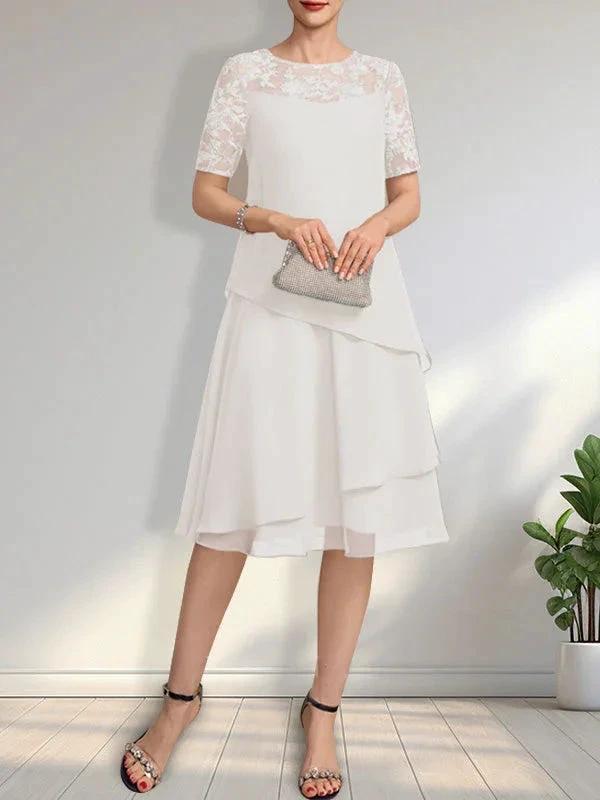 A-line Scoop Illusion Knee-Length Lace Chiffon Mother of the Bride Dress With Sequins by Dreamylily