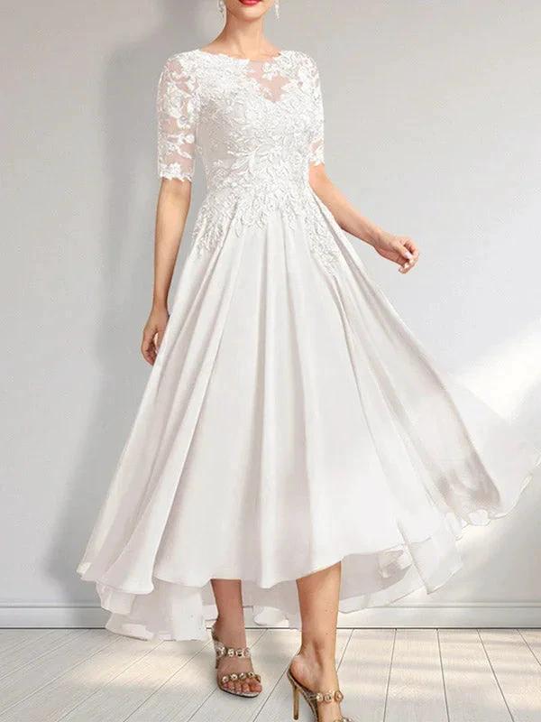 A-line Scoop Illusion Asymmetrical Chiffon Lace Mother of the Bride Dress With Sequins by Dreamylily