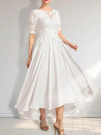 A-line Scoop Illusion Asymmetrical Chiffon Lace Mother of the Bride Dress With Sequins by Dreamylily