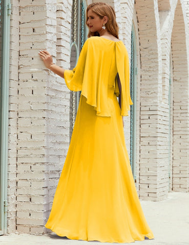 Sunnderly  Bridesmaid Dress Women Long Sleeve V-Neck Chiffon Formal Wedding Party Dress SY28018