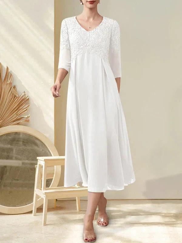 A-line V-Neck Tea-Length Chiffon Lace Mother of the Bride Dress With Beading by Dreamylily