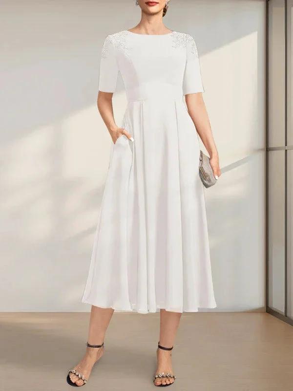 A-line Scoop Tea-Length Chiffon Mother of the Bride Dress With Appliques Lace Sequins by Dreamylily