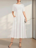 A-line Scoop Tea-Length Chiffon Mother of the Bride Dress With Appliques Lace Sequins by Dreamylily