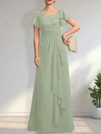 A-line Asymmetrical Illusion Floor-Length Lace Chiffon Mother of the Bride Dress With Cascading Ruffles Sequins by Dreamylily