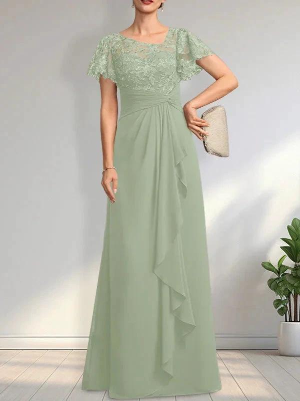 A-line Asymmetrical Illusion Floor-Length Lace Chiffon Mother of the Bride Dress With Cascading Ruffles Sequins by Dreamylily