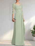 A-line Scoop Illusion Floor-Length Chiffon Lace Mother of the Bride Dress With Beading Sequins Cascading Ruffles by Dreamylily