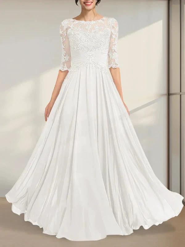 A-line Scoop Illusion Floor-Length Chiffon Lace Mother of the Bride Dress With Pleated Sequins by Dreamylily