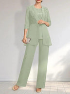 Jumpsuit/Pantsuit Separates Scoop Floor-Length Chiffon Lace Mother of the Bride Dress With Sequins by Dreamylily