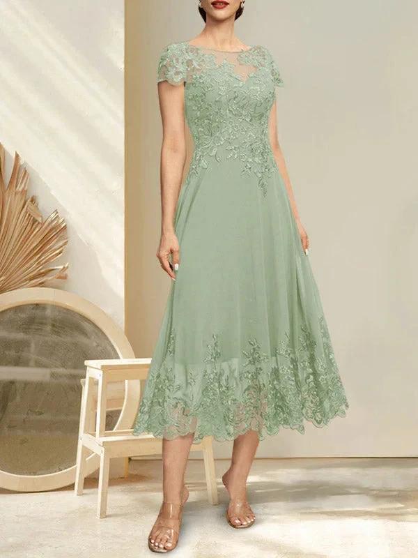A-line Illusion Scoop Tea-Length Lace Chiffon Mother of the Bride Dress With Sequins by Dreamylily