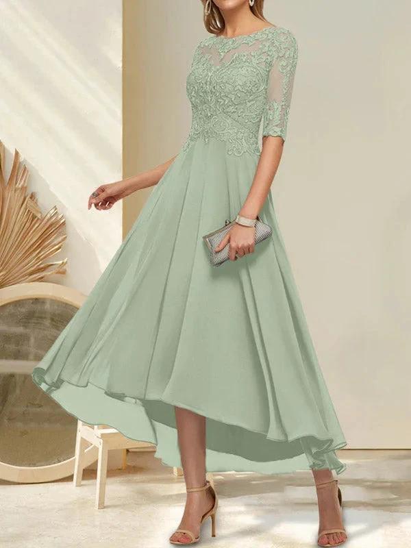 A-line Boat Neck Illusion Asymmetrical Chiffon Lace Mother of the Bride Dress With Sequins Beading by Dreamylily