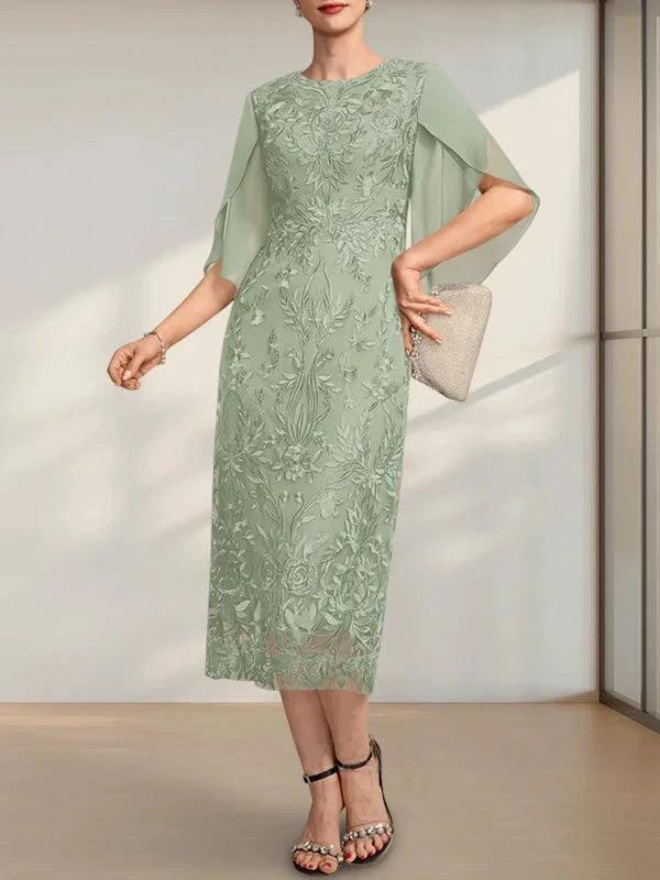 Sheath/Column Scoop Tea-Length Lace Chiffon Mother of the Bride Dress by Dreamylily