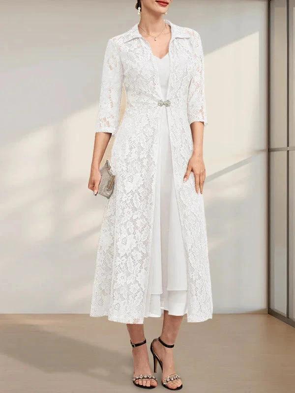 A-line V-Neck Tea-Length Chiffon Mother of the Bride Dress by Dreamylily