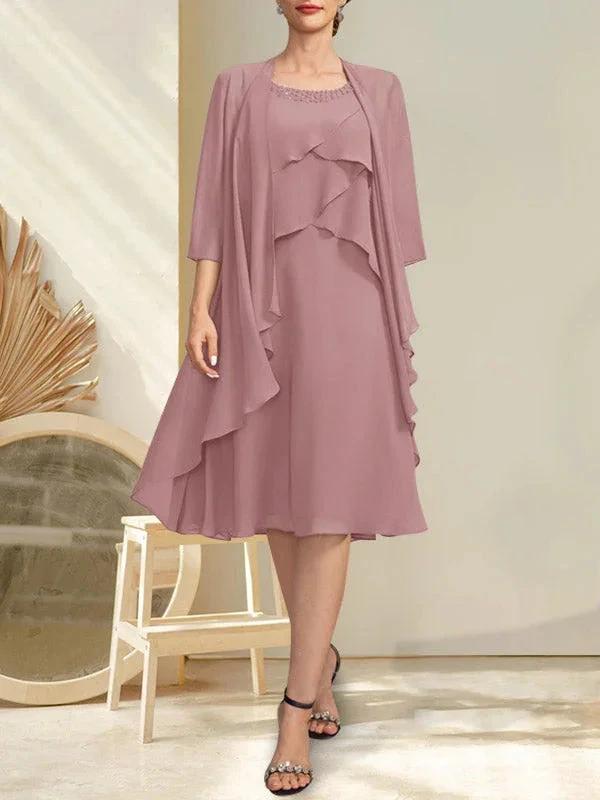 A-line Scoop Knee-Length Chiffon Mother of the Bride Dress With Beading by Dreamylily