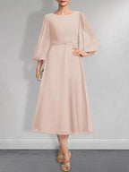 A-line Scoop Tea-Length Chiffon Mother of the Bride Dress With Crystal Brooch Pleated by Dreamylily