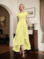 A-line Scoop Illusion Asymmetrical Chiffon Lace Mother of the Bride Dress With Bow Ruffle Sequins by Dreamylily