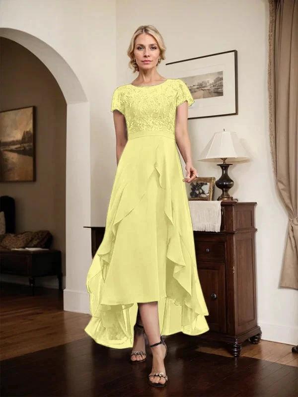 A-line Scoop Illusion Asymmetrical Chiffon Lace Mother of the Bride Dress With Bow Ruffle Sequins by Dreamylily