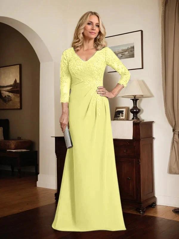 Sheath/Column V-Neck Illusion Floor-Length Lace Chiffon Mother of the Bride Dress With Pleated Sequins by Dreamylily