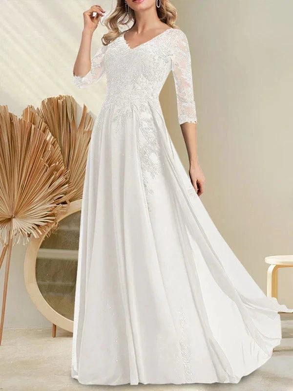 A-line V-Neck Floor-Length Lace Chiffon Mother of the Bride Dress With Sequins by Dreamylily