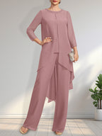 Separates Jumpsuit/Pantsuit Scoop Floor-Length Chiffon Mother of the Bride Dress With Sequins Beading