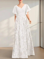 A-line V-Neck Floor-Length Lace Sequin Chiffon Mother of the Bride Dress With Pleated by Dreamylily