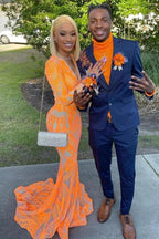 Orange Long V-Neck Lace Mermaid Prom Dress with Sleeves by BIZTUNNEL
