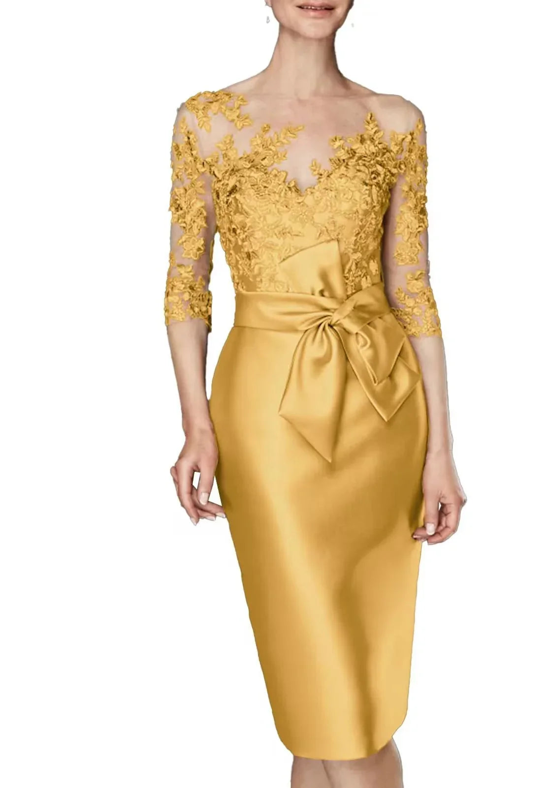 Gilded lace off shoulder satin dress