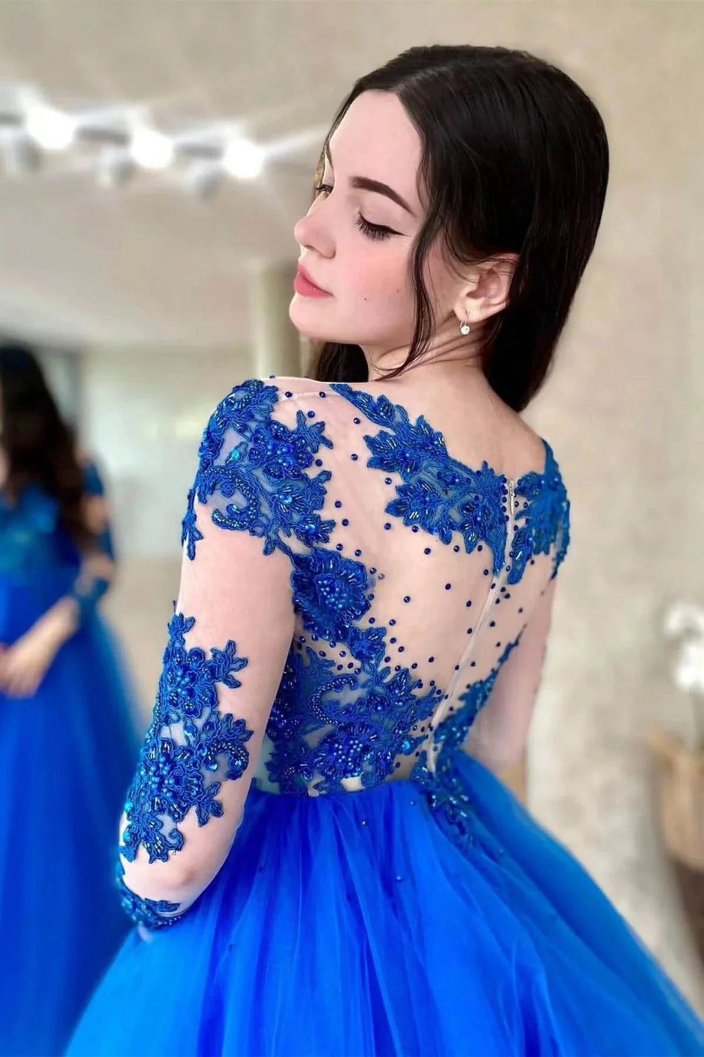 Royal Blue Appliqued Tulle Prom Dress with Long Sleeves by BIZTUNNEL