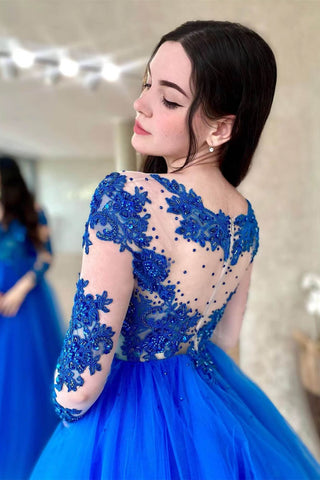 Vestido de fiesta de tul con apliques azul real y mangas largas