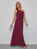 Ruffled One Shoulder Sleeveless Long Bridesmaid Dresses A-line Formal Evening Gown Side Split 28080 by numbersea