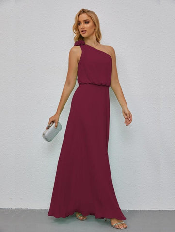 Ruffled One Shoulder Sleeveless Long Bridesmaid Dresses A-line Formal Evening Gown Side Split 28080