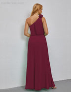 Ruffled One Shoulder Sleeveless Long Bridesmaid Dresses A-line Formal Evening Gown Side Split 28080 by numbersea