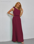 Ruffled One Shoulder Sleeveless Long Bridesmaid Dresses A-line Formal Evening Gown Side Split 28080 by numbersea
