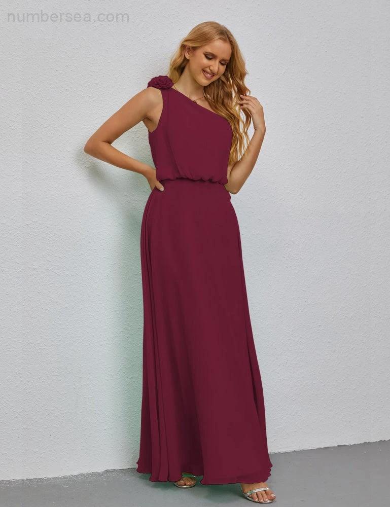 Ruffled One Shoulder Sleeveless Long Bridesmaid Dresses A-line Formal Evening Gown Side Split 28080 by numbersea