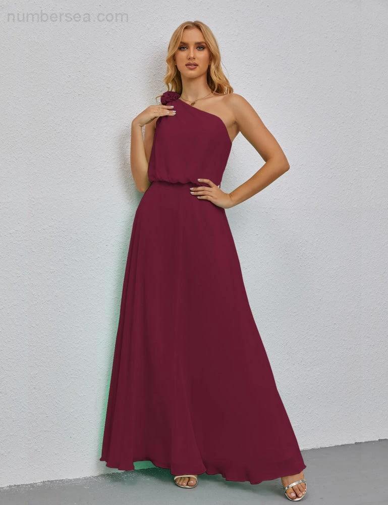 Ruffled One Shoulder Sleeveless Long Bridesmaid Dresses A-line Formal Evening Gown Side Split 28080 by numbersea