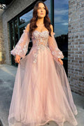 Pink Tulle Strapless A-Line Prom Dress with Balloon Sleeves by KissProm