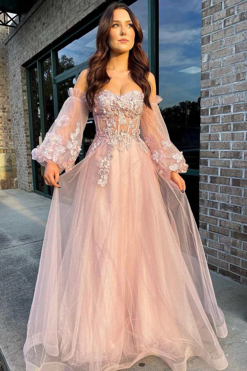 Pink Tulle Strapless A-Line Prom Dress with Balloon Sleeves by KissProm