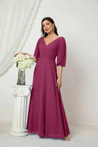 Numbersea Formal Prom Gown Women V-Neck Chiffon Bridesmaid Dresses Long Bishop Sleeve Party Dress 2807 by numbersea