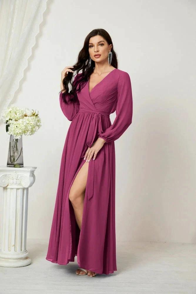 Sunnderly Evening Dresses Deep V-Neck Chiffon Bridesmaid Dresses Long Bishop Sleeve Side Split Formal Dress SY2806 by numbersea