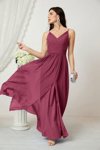 Numbersea Chiffon V-Neck Bridesmaid Dress Spaghetti Strap Long Formal Party Prom Gowns with Slit 28010