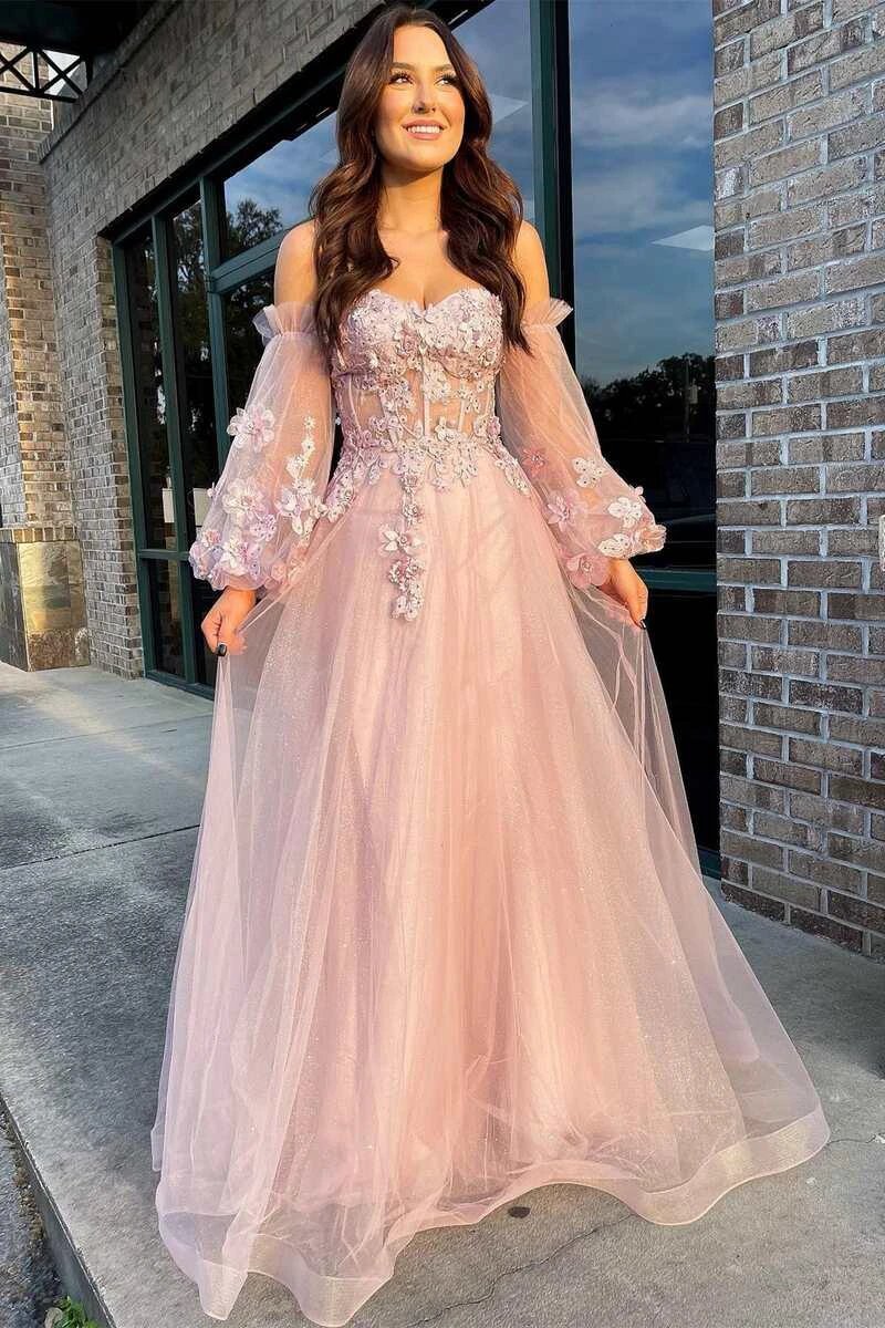 Pink Tulle Strapless A-Line Prom Dress with Balloon Sleeves by KissProm