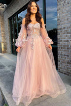 Pink Tulle Strapless A-Line Prom Dress with Balloon Sleeves by KissProm