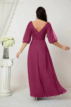 Numbersea Formal Prom Gown Women V-Neck Chiffon Bridesmaid Dresses Long Bishop Sleeve Party Dress 2807 by numbersea